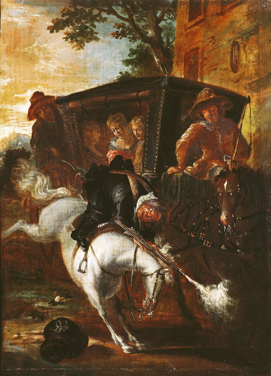 Ragotin s mušketou na zádech vyšplhá na svého koně, aby doprovázel skupinu, z románu „Roman Comique“ od Paula Scarrona (1610-60) 1712-16 od Jean de Coulom