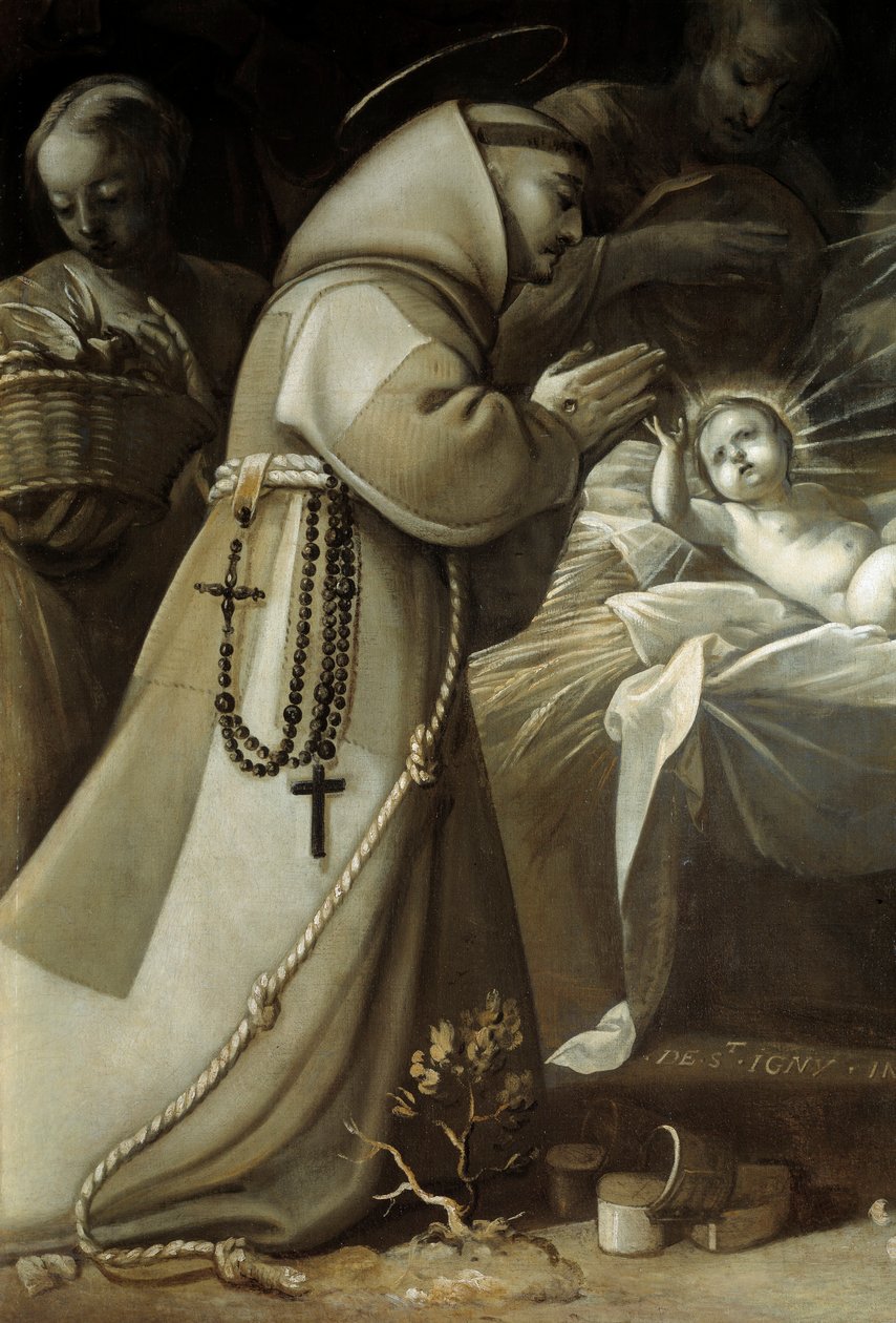Klanění pastýřů Mnich se modlí před dítětem Ježíšem. Obraz Jean de Saint Igny od Jean de Saint Igny