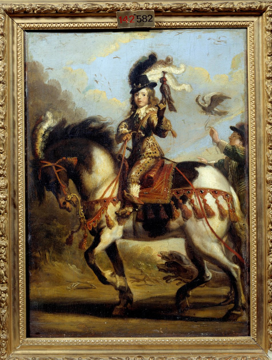 Jezdecký portrét mladého Ludvíka XIV. (1638 -1715) odjíždějícího na lov. Obraz Jeana De Saint Igny (? 1647). Olej na plátně. Rozměr: 0,41 x 0,30 m. Chantilly, Musee Conde od Jean de Saint Igny