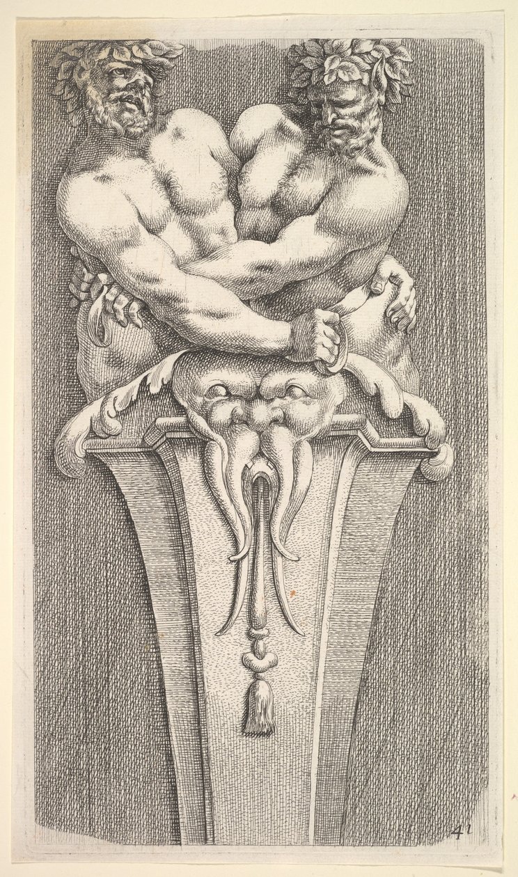 Design for a Term with two Bacchic Figures, from: Curieuses Recherches de Několik Beaus..., 1645. od Jean le Pautre