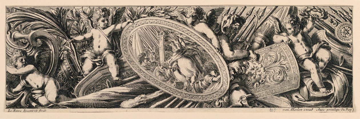Frieze: Trofeje zbraní a Putti od Jean le Pautre