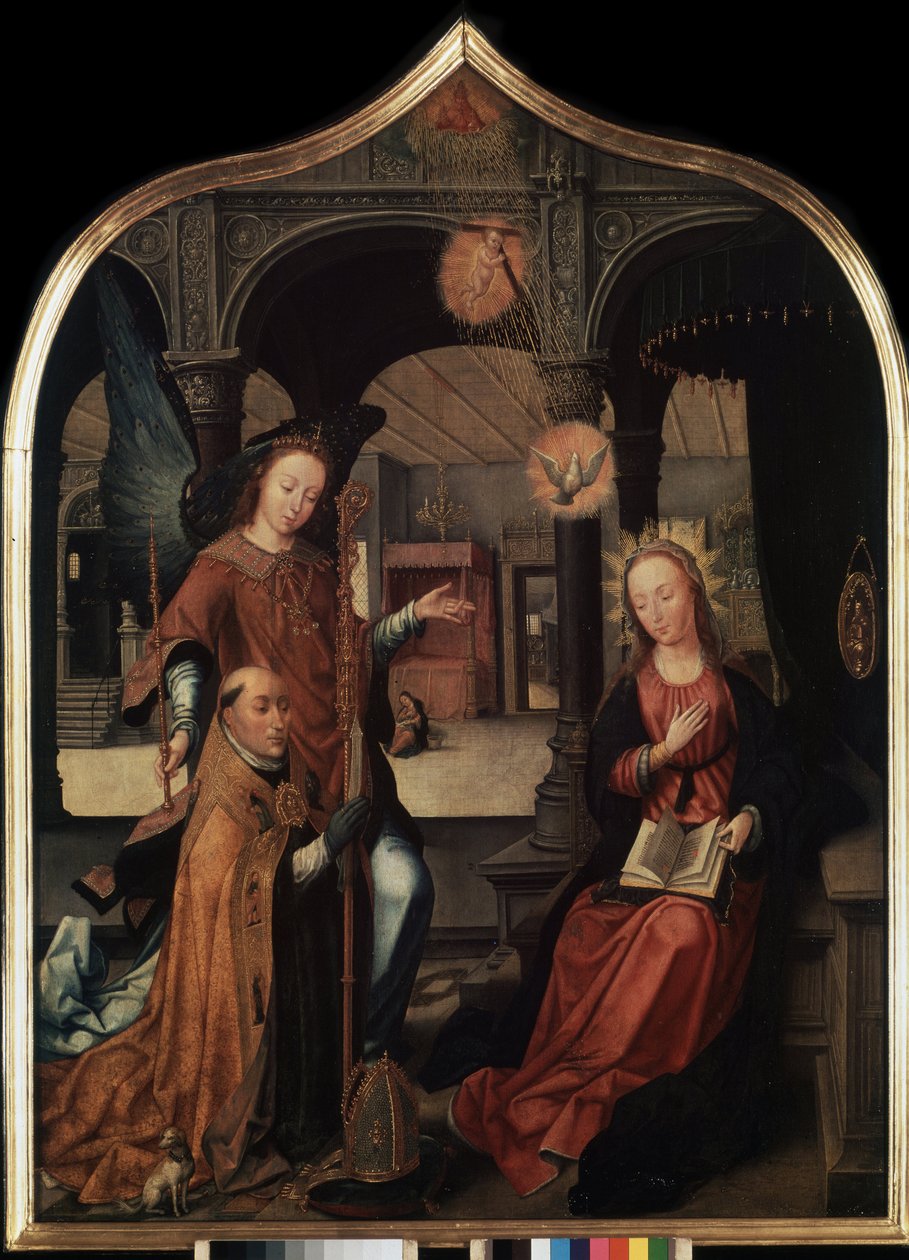 ""reprezentace zvěstování s patronem Guillaumem z Bruselu"" Centrální panel triptychu zvěstování (Zvěstování). Malba na dřevě Jean Bellegambe starší (1470-1534) Petrohrad, Ermitáž od Jean the Elder Bellegambe
