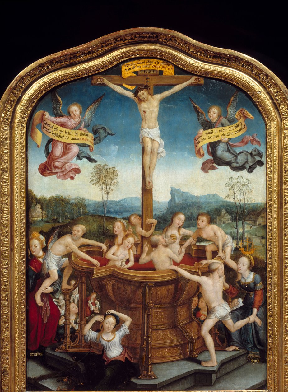Mystická koupel. U paty kříže, na kterém je ukřižován Kristus, se muži a ženy koupou ve fontáně krve z těla Mesiáše. Centrální část triptychu. Malba na dřevě od Jean Bellegambe staršího (1470-1535) 1510-1520 Ne. 0,81x0 od Jean the Elder Bellegambe