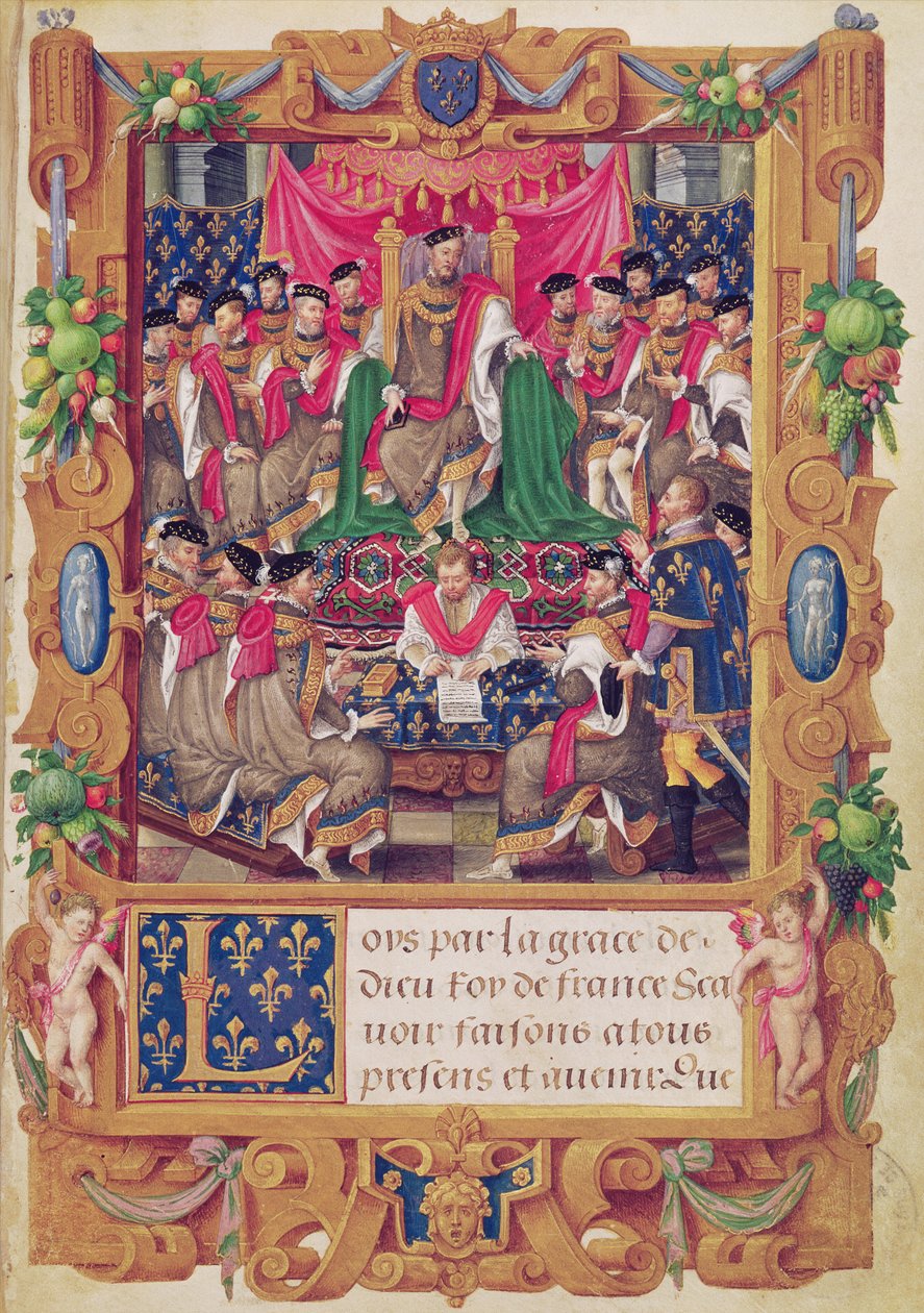 Henri II předsedá kapitulnímu setkání francouzského rytířského řádu Saint-Michel od Jean the Elder Cousin