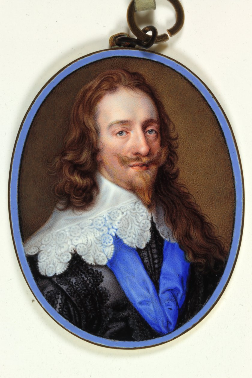Král Karel I. ve fialově černém hábitu s krajkovým límcem a modrou stuhou podvazku od Jean the Elder Petitot