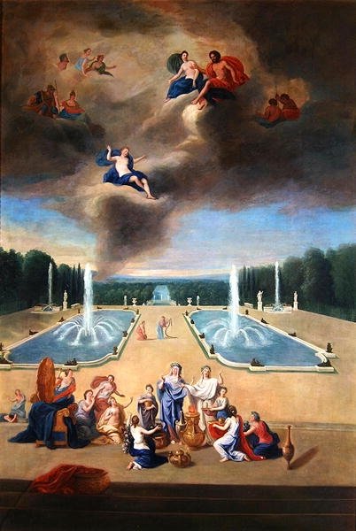 Groves of Versailles. Pohled na vodní parter a skříně zvířat, s kněžkami připravujícími oběť pro Venuši od Jean the Younger Cotelle