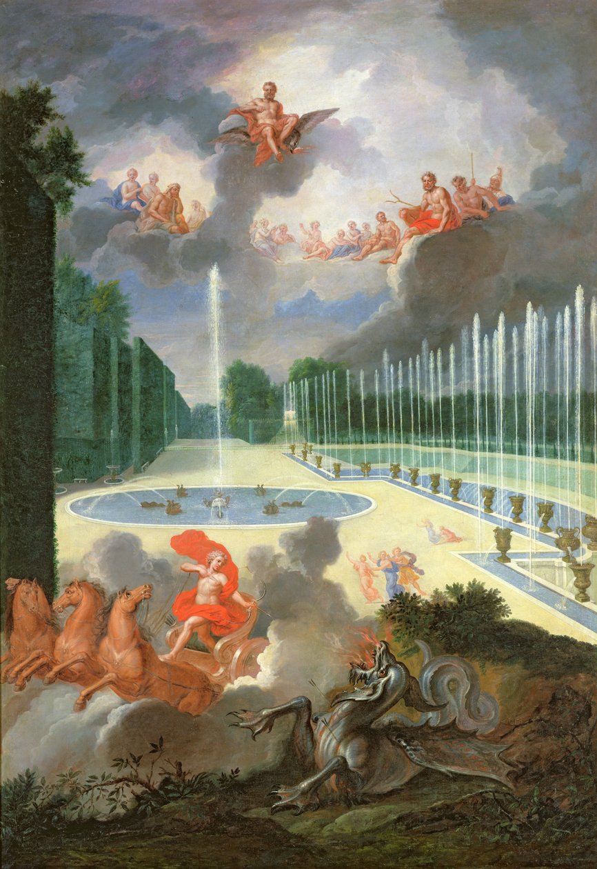 Groves of Versailles. Pohled na Dračí tůň a Neptunovu tůň s Apollónem zabíjejícím Pythona od Jean the Younger Cotelle
