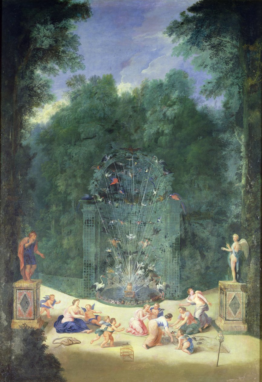 The Groves of Versailles: Pohled na vchod do bludiště s ptáky, nymfami a cherubíny, 1688 od Jean the Younger Cotelle