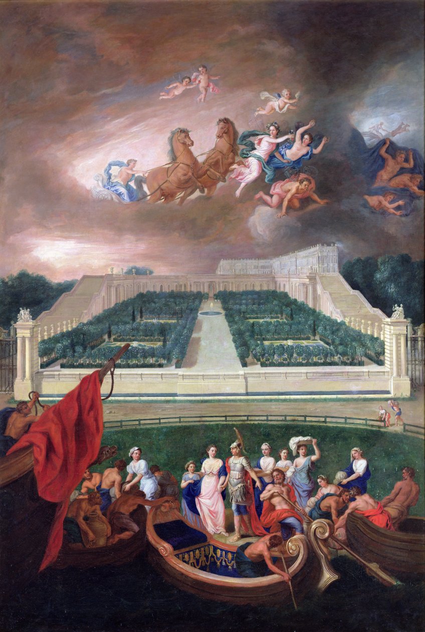 Pohled na Orangerie a zámek Versailles s únosem Heleny, 1688 od Jean the Younger Cotelle
