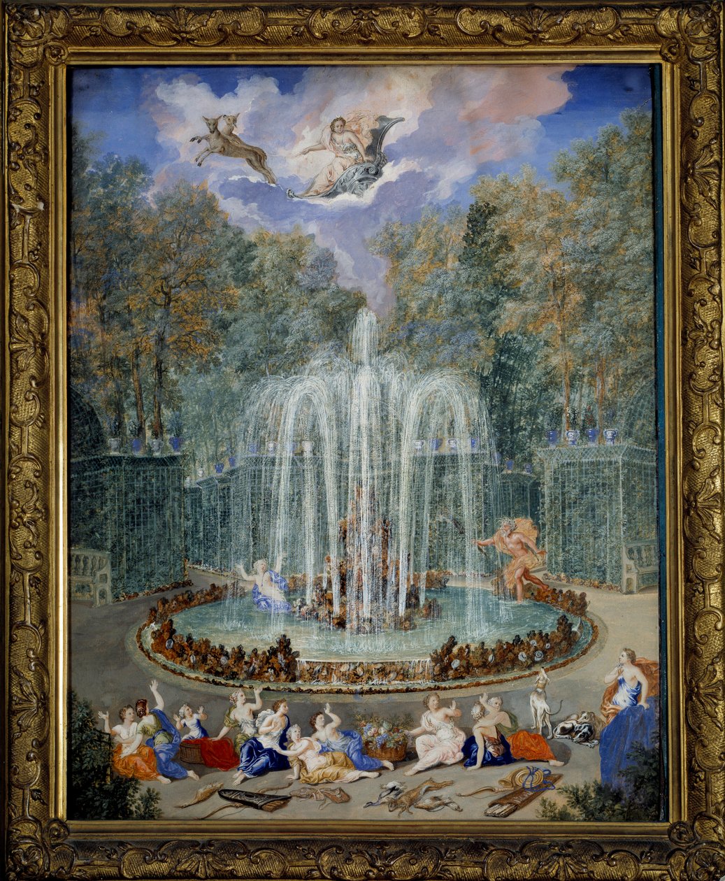 Pohled na háj hvězdy nebo horu vody v zahradách Versailles s Alphee pronásledující Arethuse a na obloze vede Diane svůj vůz, Obraz Jeana Cotelle the Jeune (1645-1708) 17. století, Dim 2,01 x1, 37 m - Pohled do Háje od Jean the Younger Cotelle