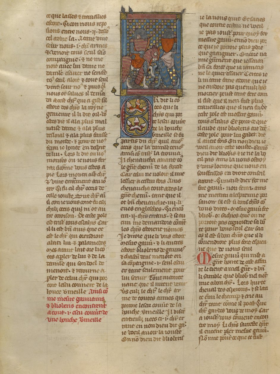 Gauvain a Blioberis potkávají rytíře s červeným štítem od Jeanne de Montbaston