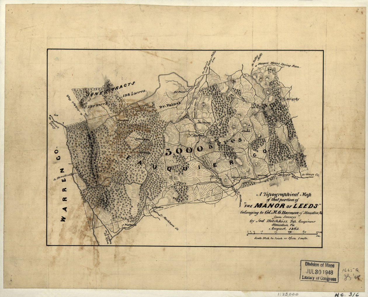 Topografická mapa části "The Manor of Leeds" patřící plukovníku M. G. Harmanovi ze Stauntonu, Va. LOC 2005625200 od Jedediah Hotchkiss