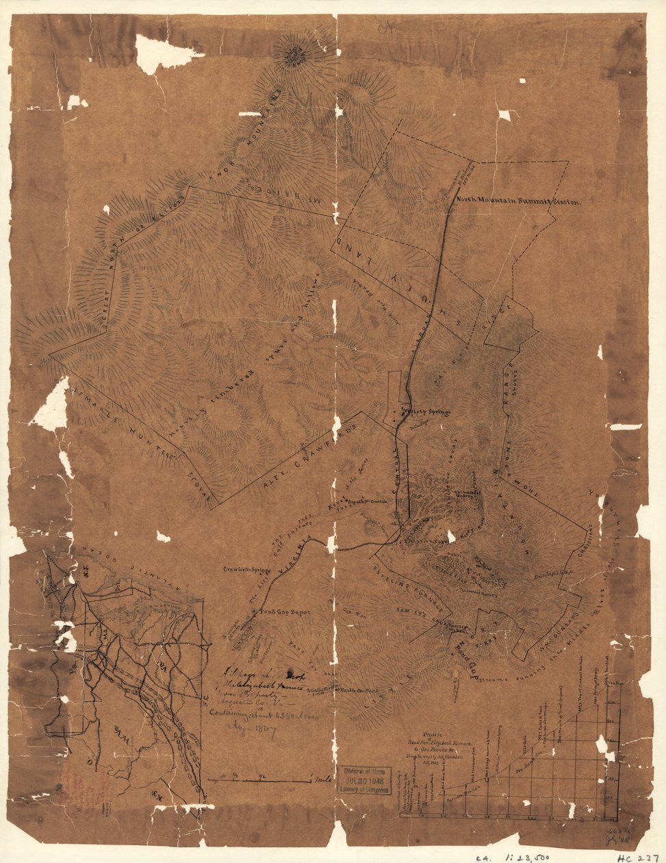 Topografická mapa železářského pozemku Elizabeth Furnace, Augusta Co., Va., o rozloze asi 6250 akrů, srpen 1867. LOC 2005625144 od Jedediah Hotchkiss
