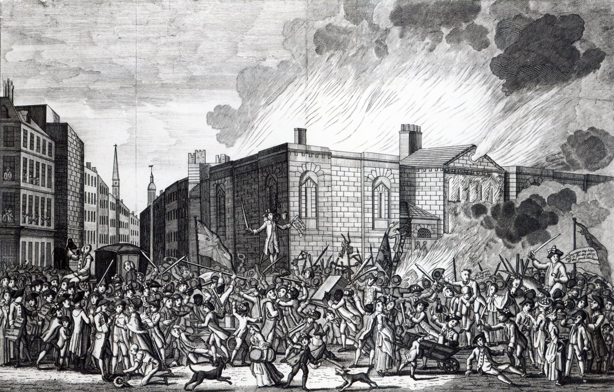 Přesná reprezentace vypálení, plenění a zničení Newgate vzbouřenci z památného 7. června 1780, vyryla Henry Roberts, 1781 od Jefferyes Hammett O