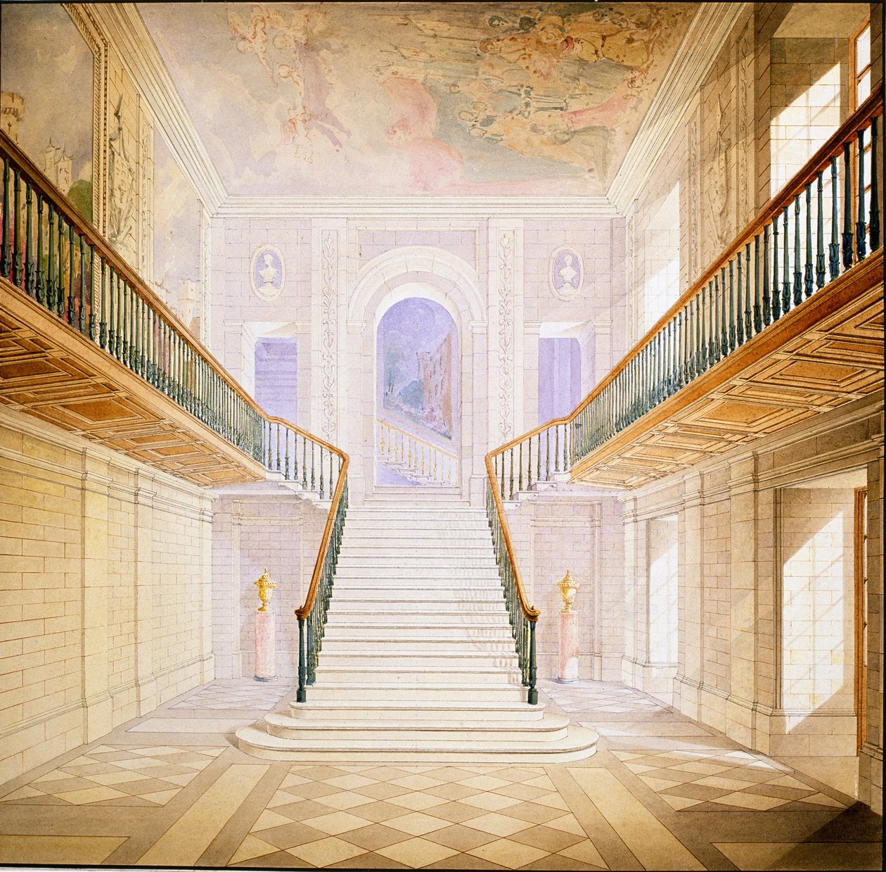 Návrh schodiště v Painted Hall, Chatsworth (akvarel na papíře) od Jeffry Wyatville