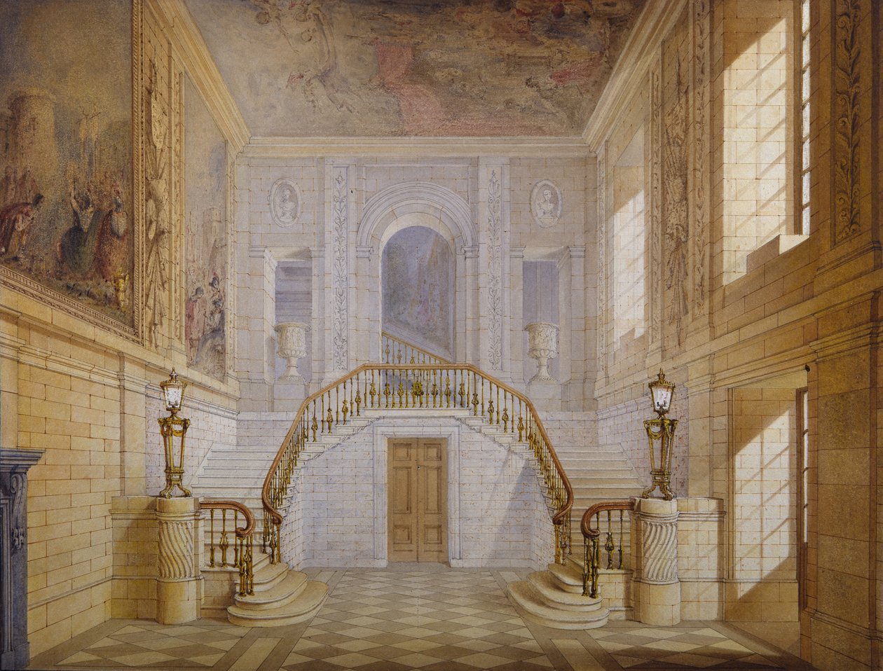Návrh schodiště v Painted Hall, Chatsworth (akvarel na papíře) od Jeffry Wyatville
