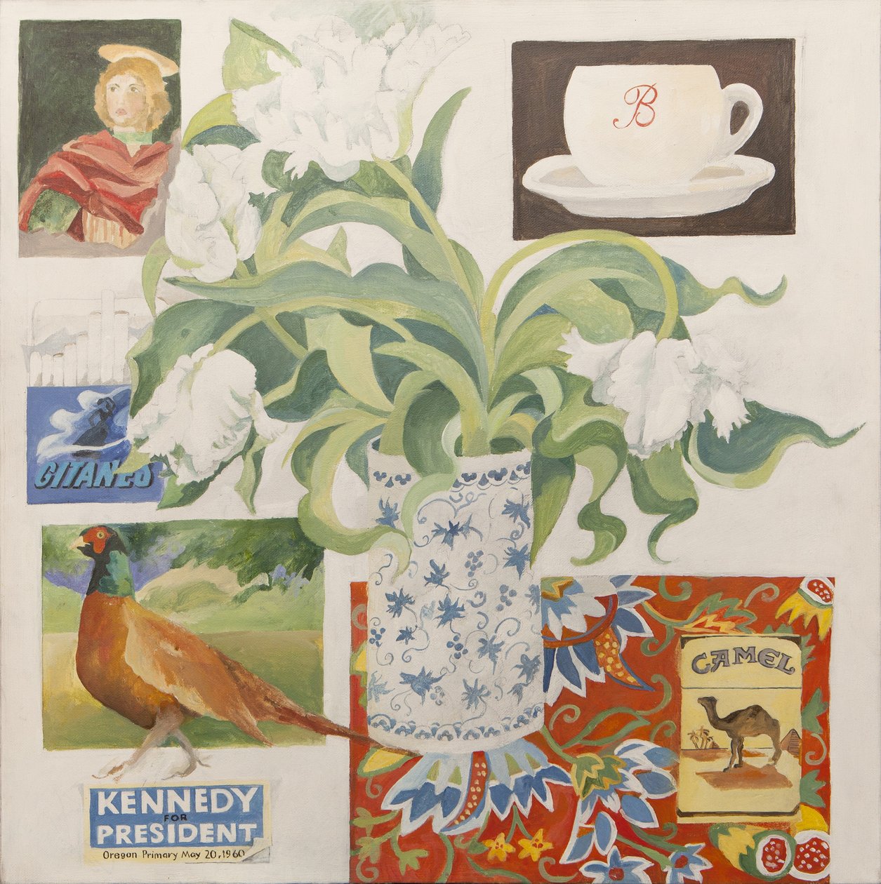 Efemery, včetně šálku na kávu, krabičky cigaret; pohlednice a tulipány od Jennifer Abbott