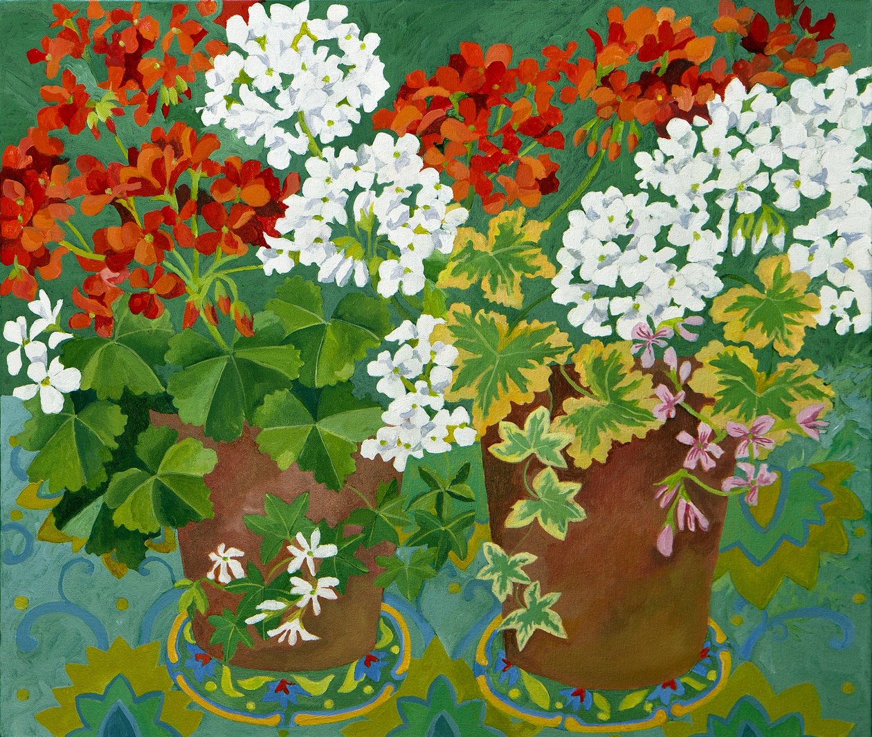 Červené a bílé muškáty v květináčích, 2013 (akryl na plátně) od Jennifer Abbott