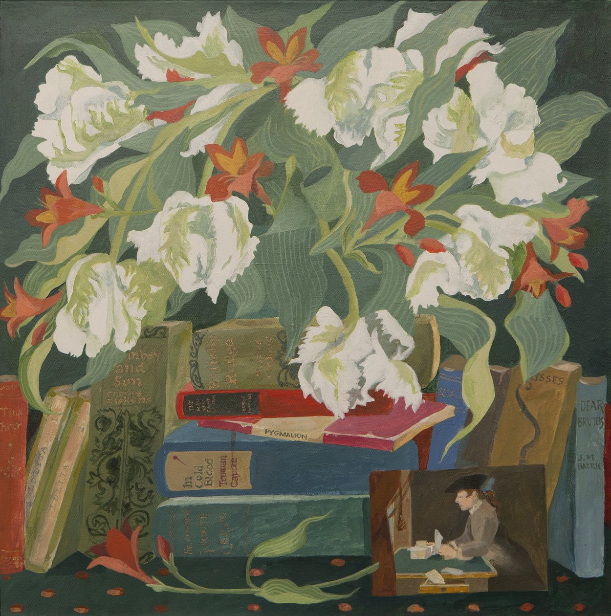 Tulipány, knihy a pohlednice (akryl) od Jennifer Abbott