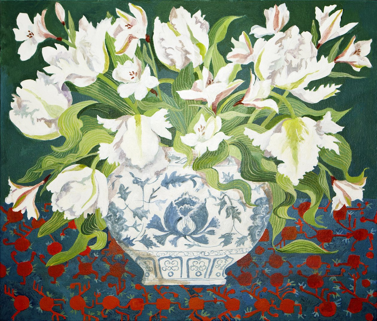 Bílé dvojité tulipány a alstromérie, 2013 (akryl na plátně) od Jennifer Abbott