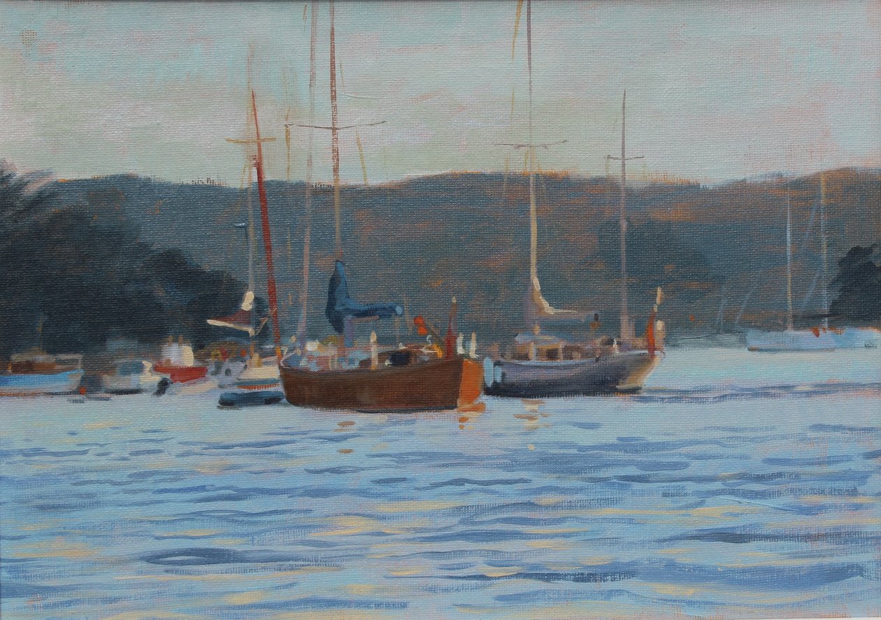 Večerní jachty Salcombe, olej na palubě, 2016 od Jennifer Wright