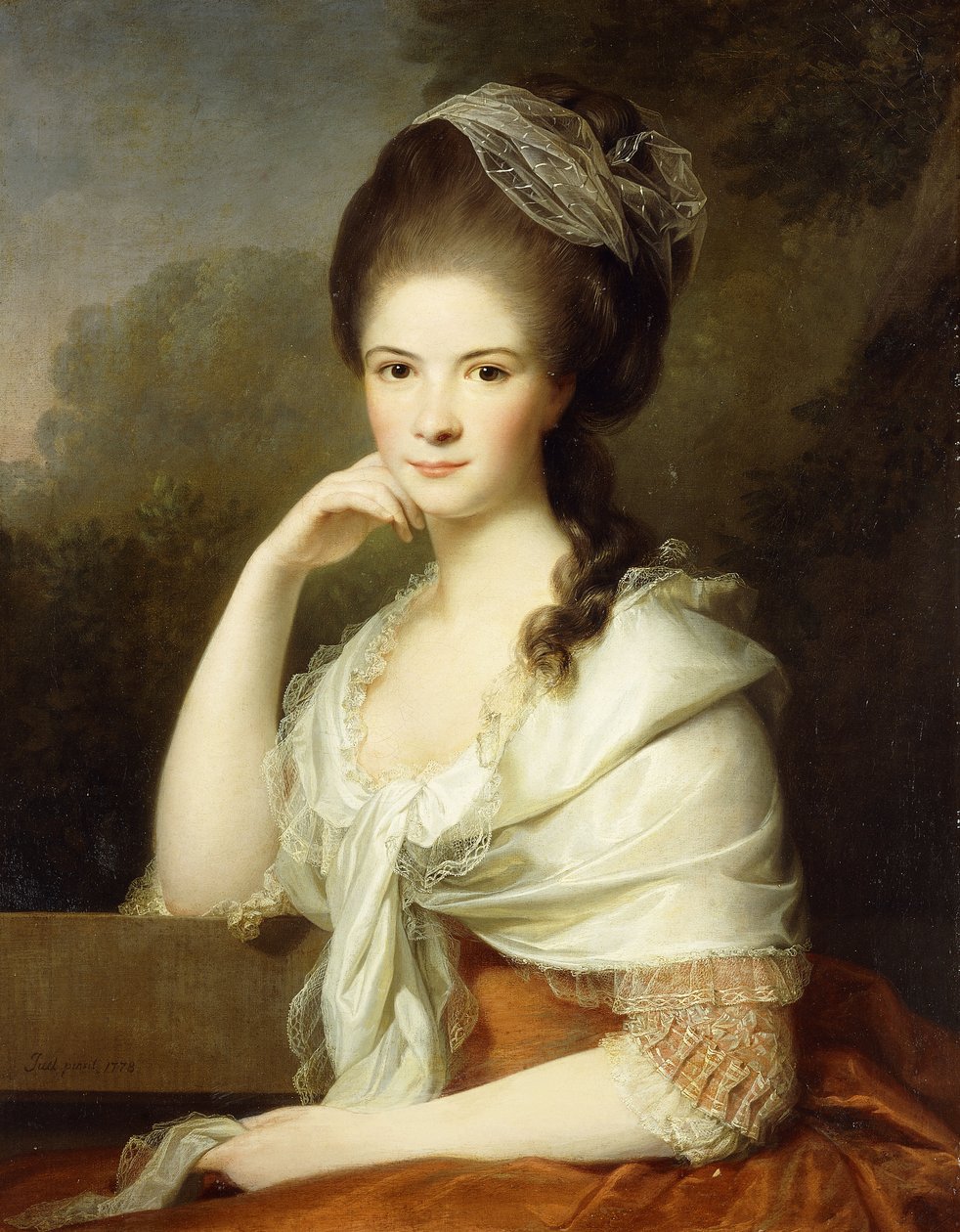 Portrét dámy, sedící napůl, v hnědých šatech a bílém šátku, 1778 od Jens Juel