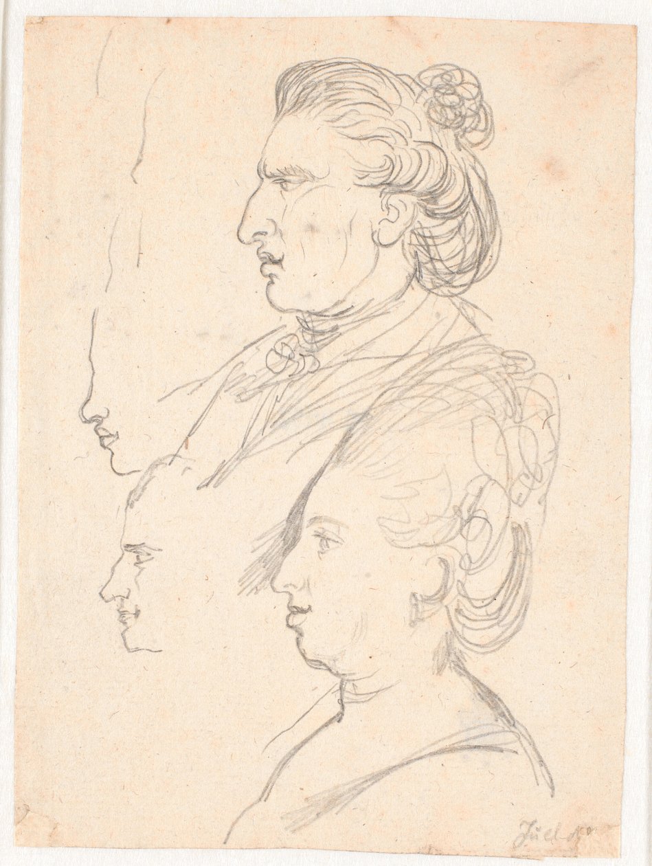 Profilové portréty královny Caroline Mathilde, J.F. Struensee a Enevold Brandt, stejně jako předloha, možná od samotného Juela. Vše v profilu vlevo od Jens Juel