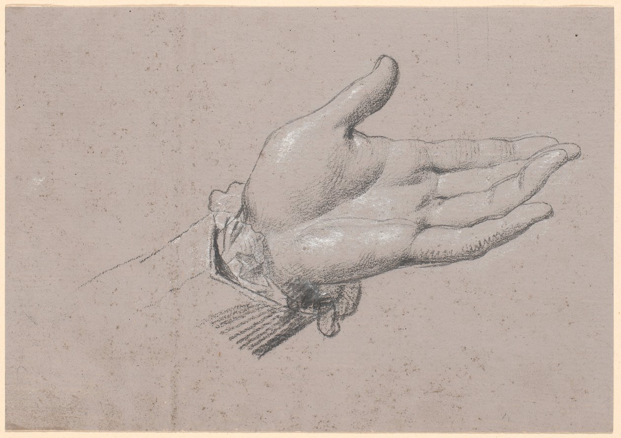Studie levé ruky, použitá v celovečerním portrétu Frederika Šestého jako korunního prince z roku 1786 v Amalienborgu od Jens Juel