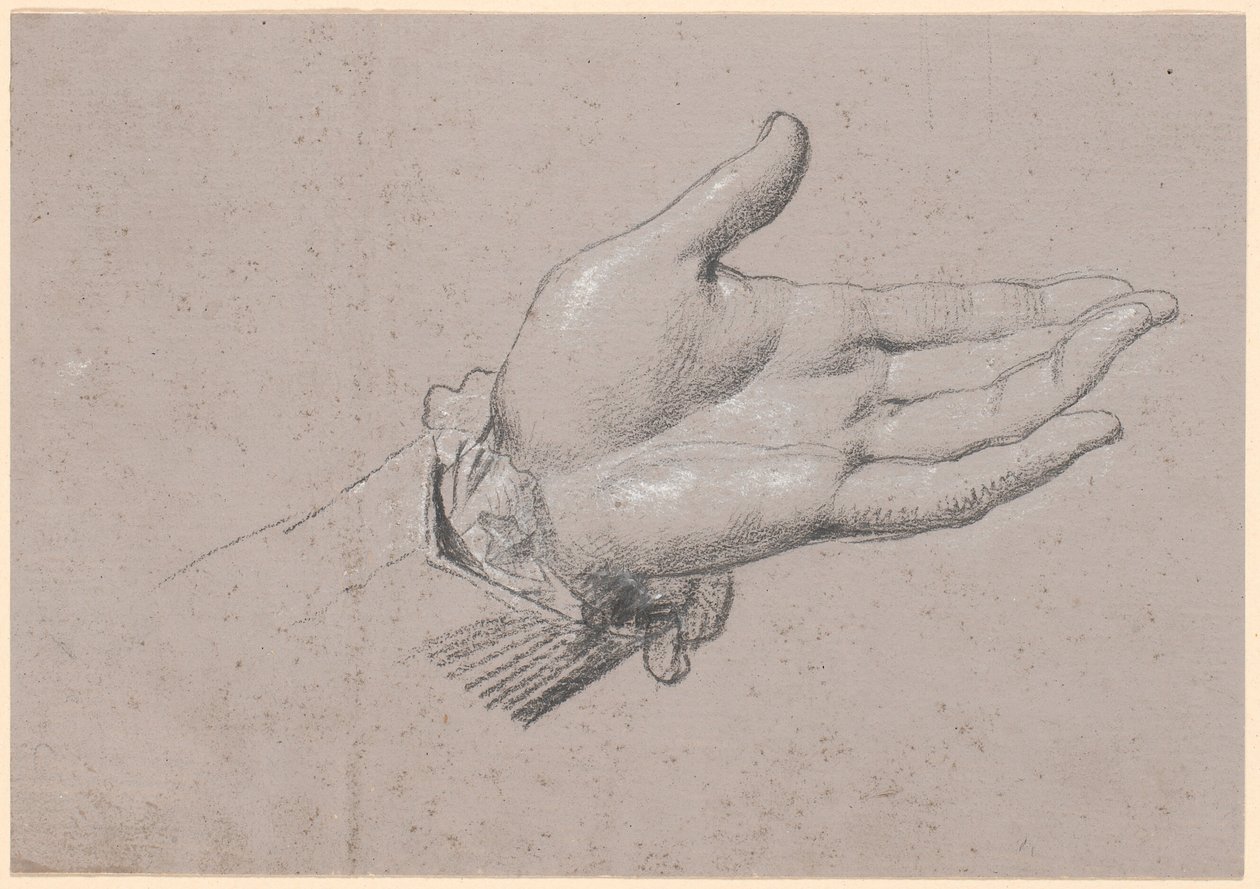 Studie levé ruky, použitá v celovečerním portrétu Frederika Šestého jako korunního prince z roku 1786 v Amalienborgu od Jens Juel