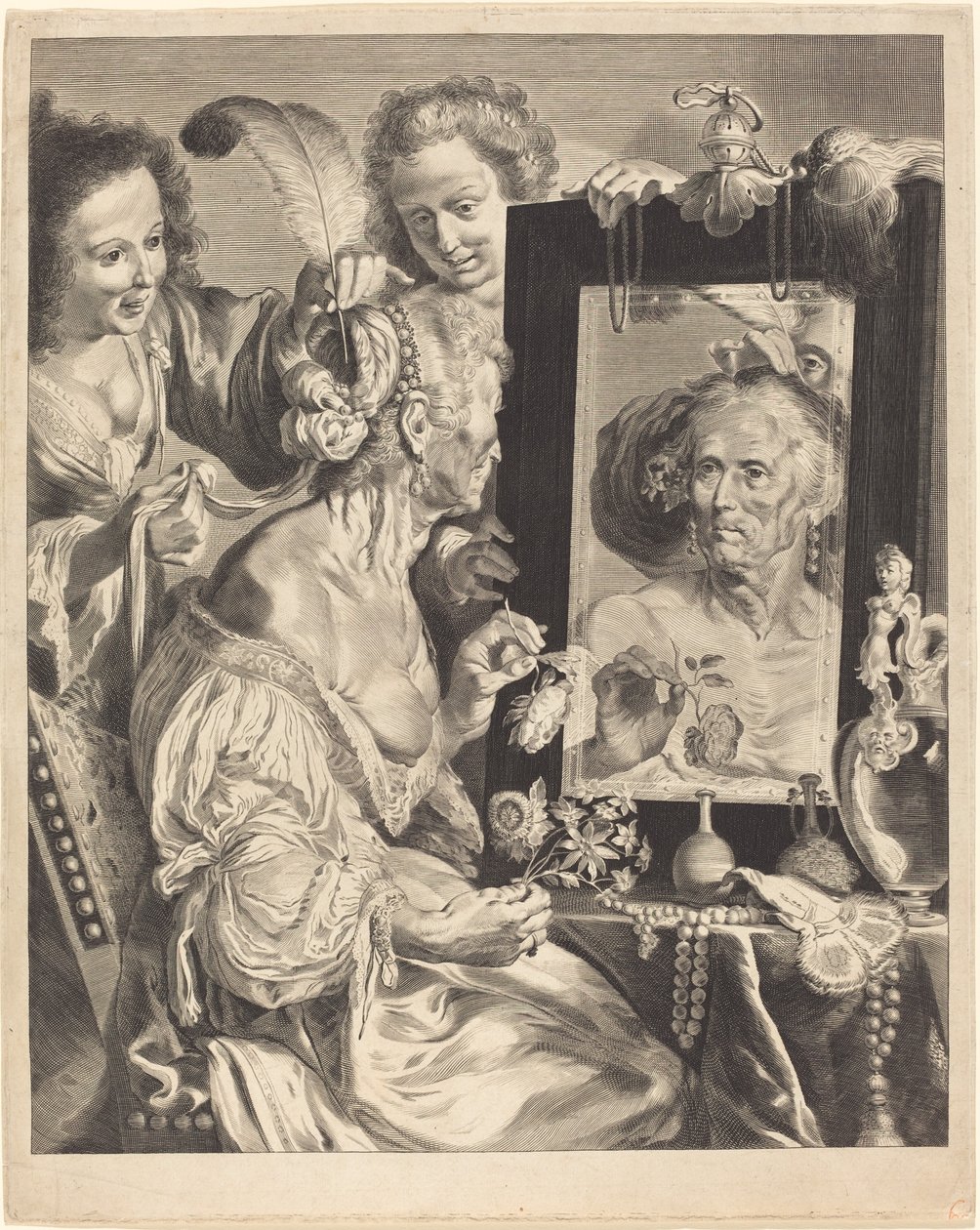 Stará žena u toaletního stolku od Jeremias Falck after Johann Liss after Bernardo Strozzi