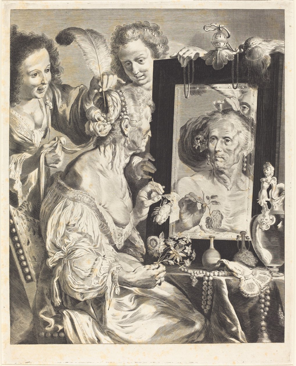 Stará žena u toaletního stolku od Jeremias Falck after Johann Liss after Bernardo Strozzi