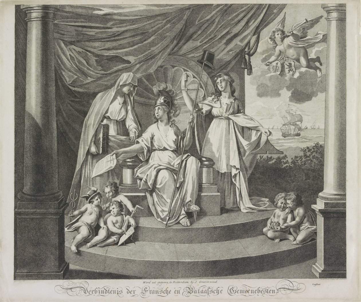 Alegorie spojenectví s Francií, 1795 Unie Francouzského a Batavského společenství (název na předmětu) od Jeremias Snoek
