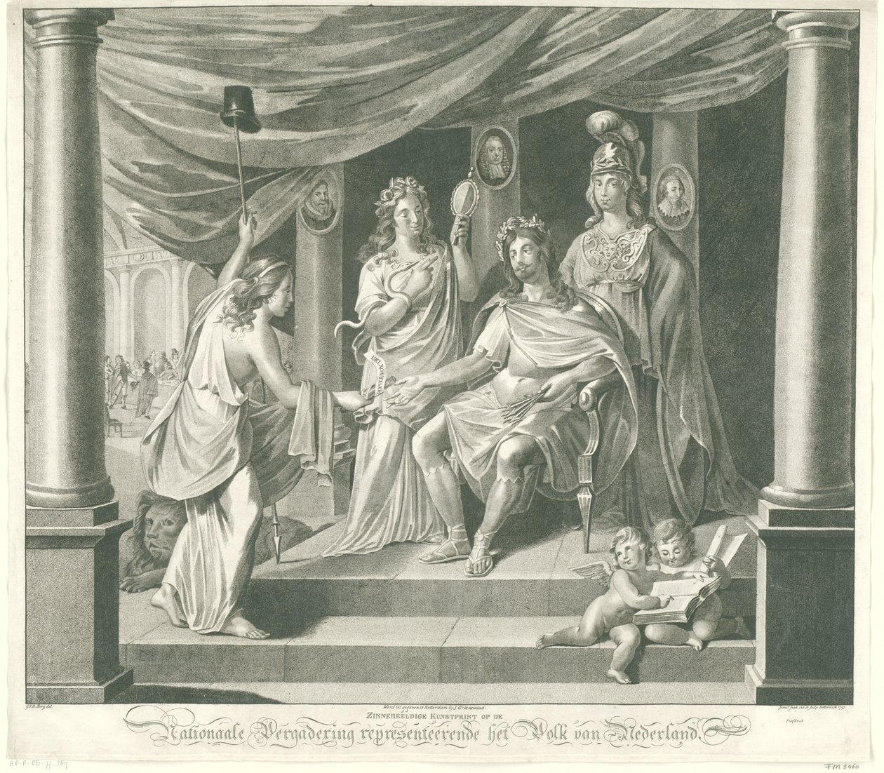 Alegorie na Národní shromáždění, 1796 Symbolický umělecký tisk v Národním shromáždění zastupující lid Nizozemska (název na objektu) od Jeremias Snoek
