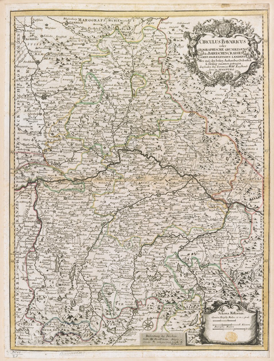 Mapa Bavorska, kolem roku 1695 (barevná rytina) od Jeremias Wolff
