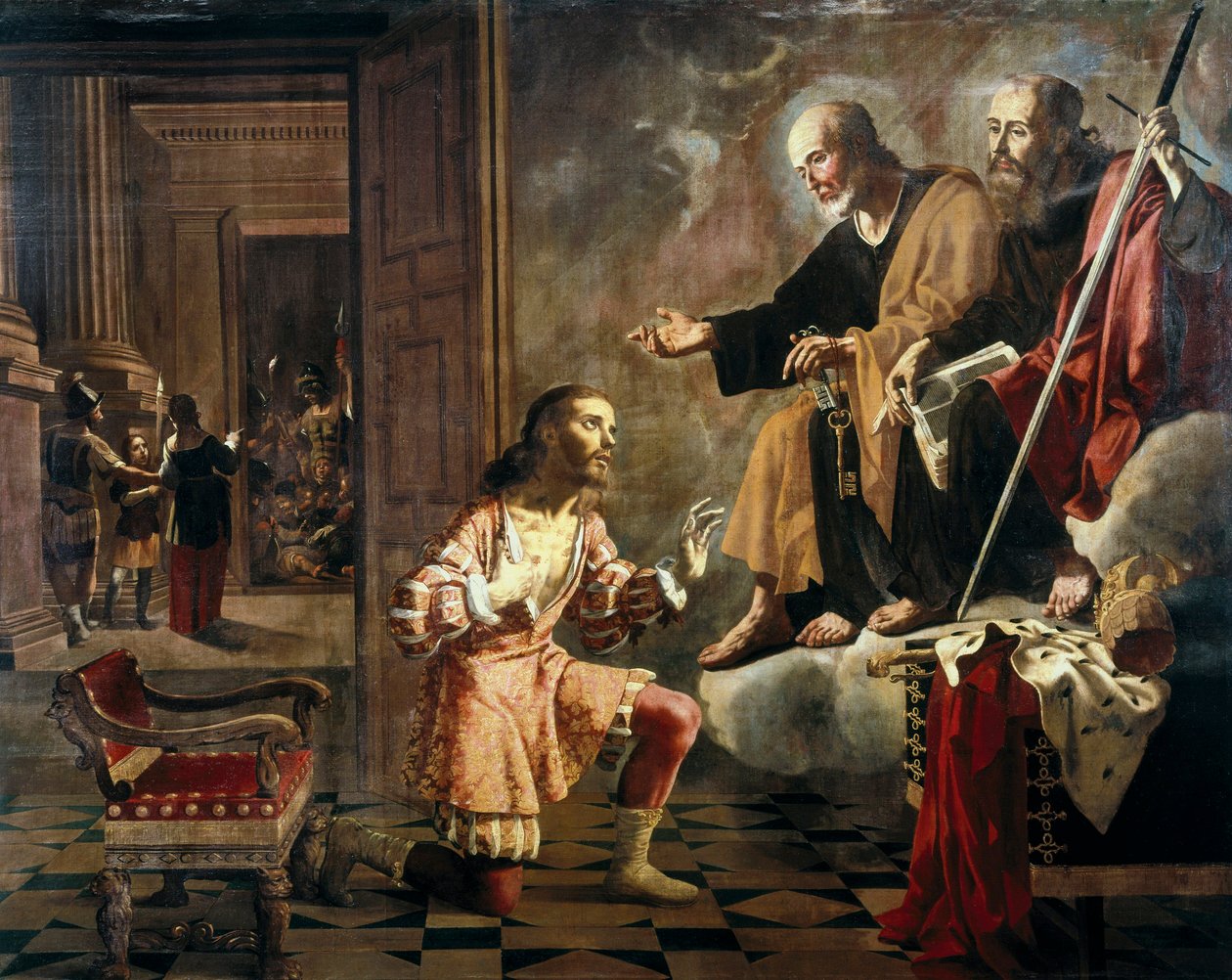 S apoštoly svatými Petrem a Pavlem, kteří se zjevili římskému císaři Konstantinu I. Velikému (272-337), prvnímu císaři, který konvertoval ke křesťanství od Jeronimo Jacinto Espinosa