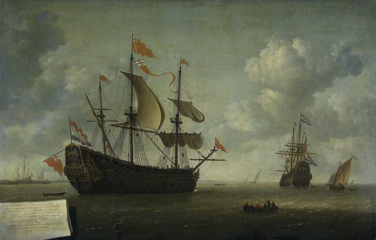 Příjezd královského Karla Přílet anglické vlajkové lodi „Royal Charles“ do Hellevoetsluis, zachycené během holandského nájezdu na Medway, červen 1667 od Jeronymus van Diest (II)