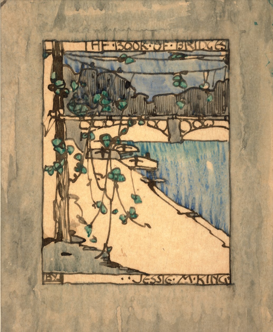 Frontispis pro "The Book of Bridges", kolem roku 1911 (akvarel a inkoust na papíře) od Jessie Marion King