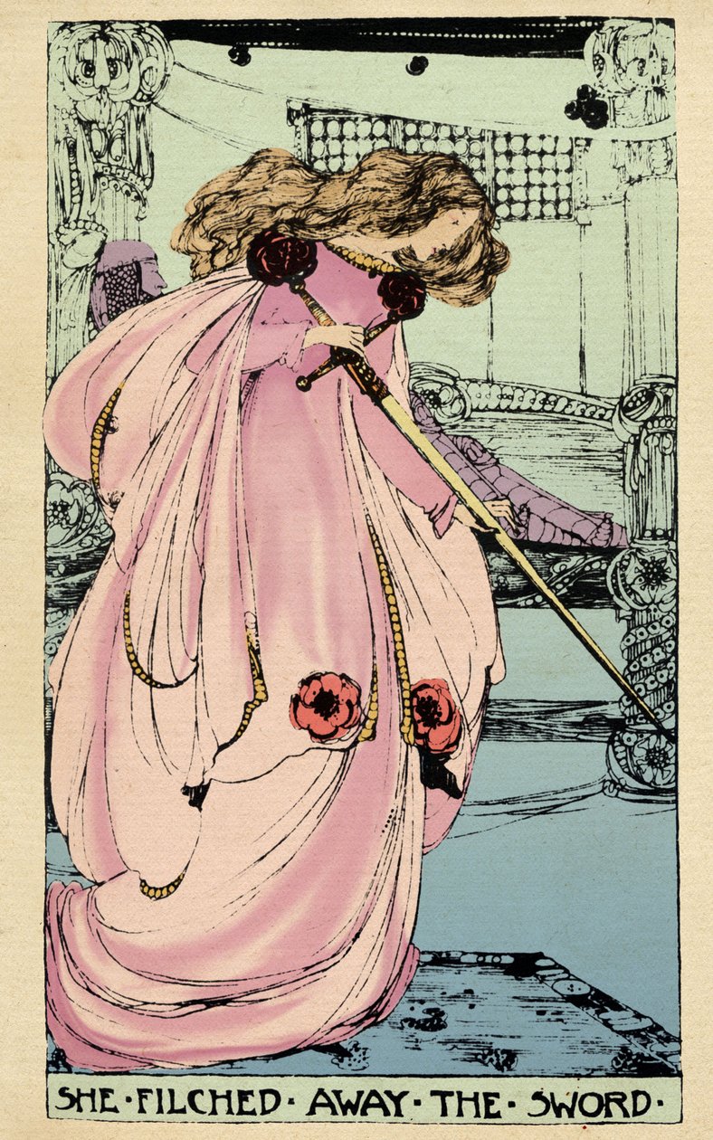 Fairy Morgane ukradne Excalibur pro svého milence, aby ho použil proti králi Artušovi. Ilustrace Jessie Marion King (1875-1949) ke knize „Vysoká historie Svatého grálu od Percevala Velšana, rytíře kulatého stolu“ od Sebastiana Evanse (1830 od Jessie Marion King