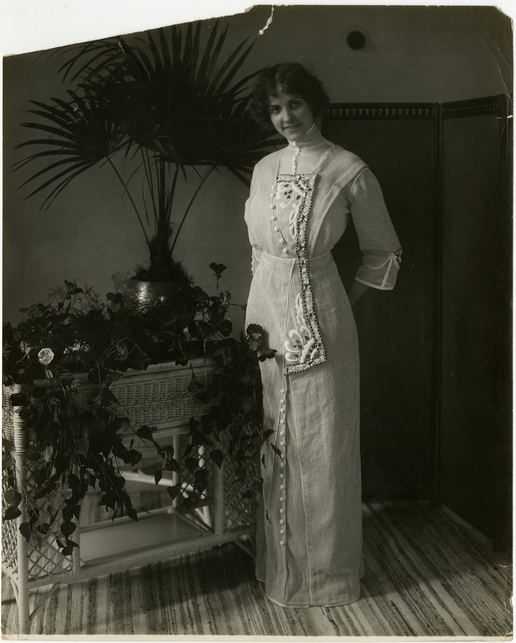 Šedý turecký materiál s černobílou výšivkou, Lord & Taylor, cca 1905-18 (želatinová stříbrná fotografie) od Jessie Tarbox Beals