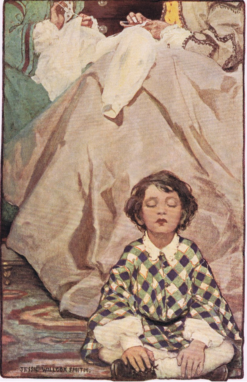 Dítě sedící s ženami, které šijí, z „A Child