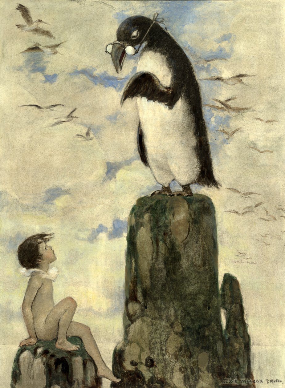 A tam uviděl posledního gairfowla, z hospody The Water Babies od Charlese Kingsleyho. 1916 (barevné lito) od Jessie Willcox Smith