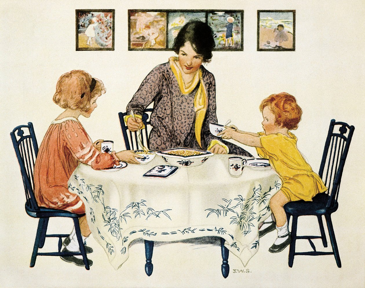 Rodina (matka a děti) se shromáždili u stolu a jedli těstoviny od Jessie Willcox Smith