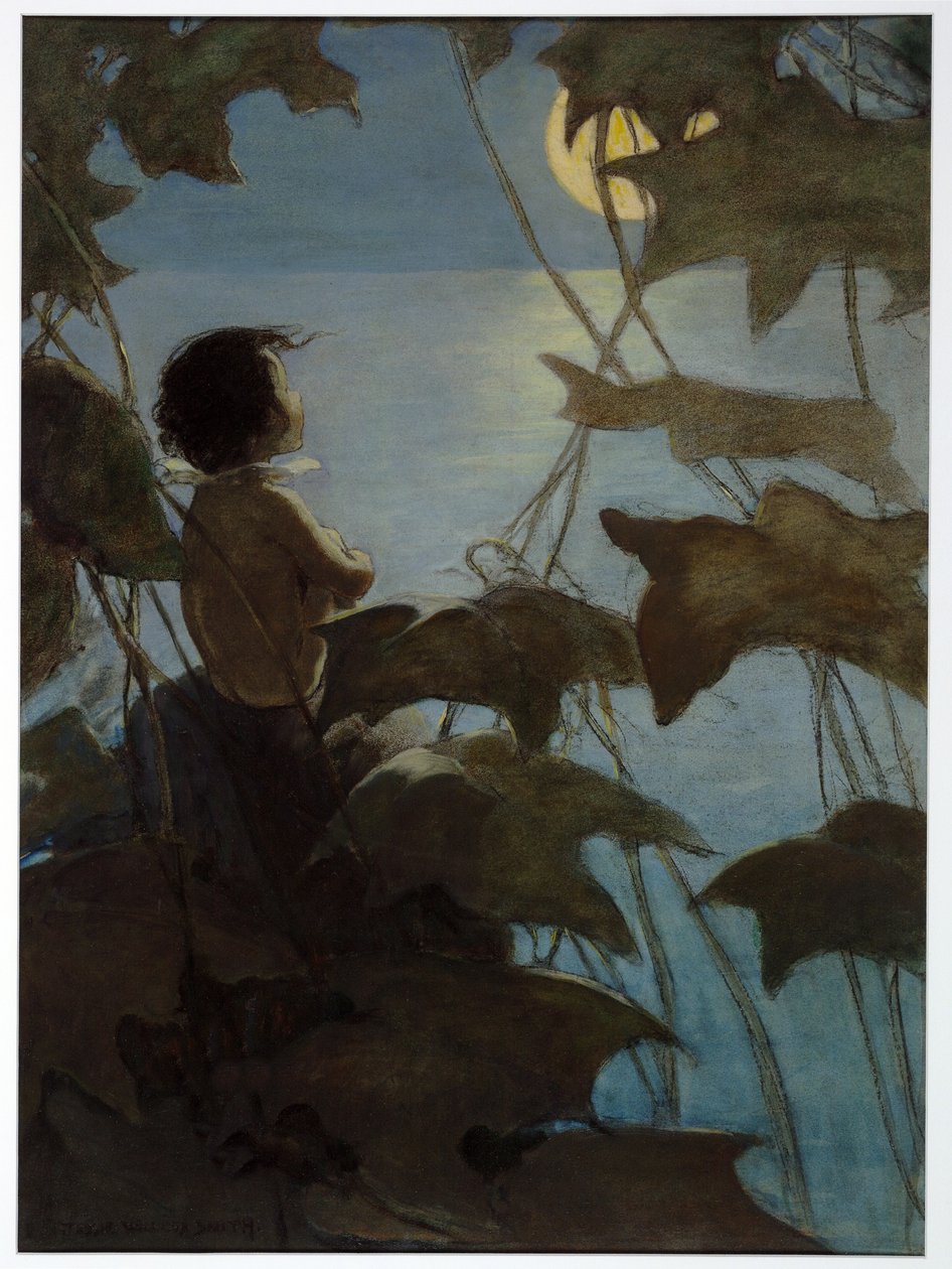 Podíval se na široký žlutý měsíc a myslel si, že se na něj dívá z hospody The Water Babies od Charlese Kingsleyho. 1916 (barevné lito) od Jessie Willcox Smith