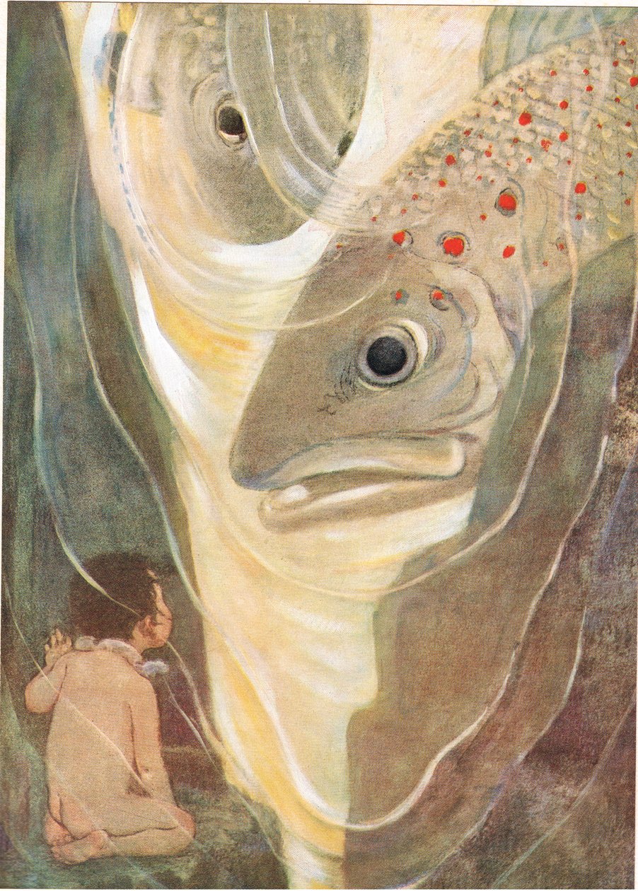 „Ach, neubližuj mi! vykřikl Tom. Chci se na tebe jen dívat; jsi tak hezký" ilustrace k filmu "The Water Babies" od reverenda Charlese Kingsleyho (barevné lito) od Jessie Willcox Smith