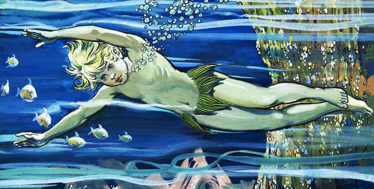 Chlapec plave, ilustrace z knihy "The Water Babies" od Charlese Kingsleyho (kvaš na papíře) od Jesus Blasco
