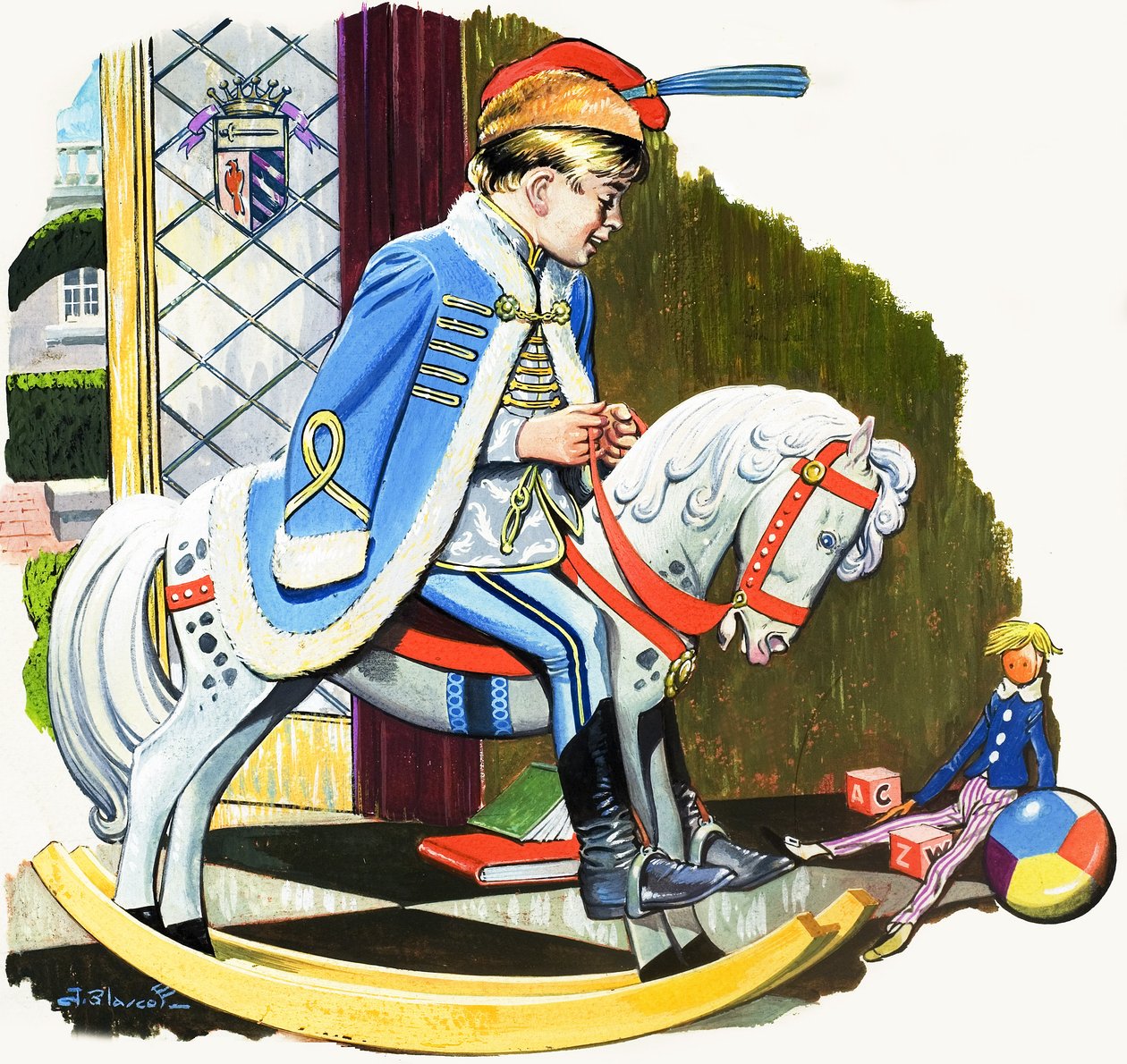 Chlapec na houpacím koni, ilustrace z knihy "Medvídek" (kvaš na papíře) od Jesus Blasco