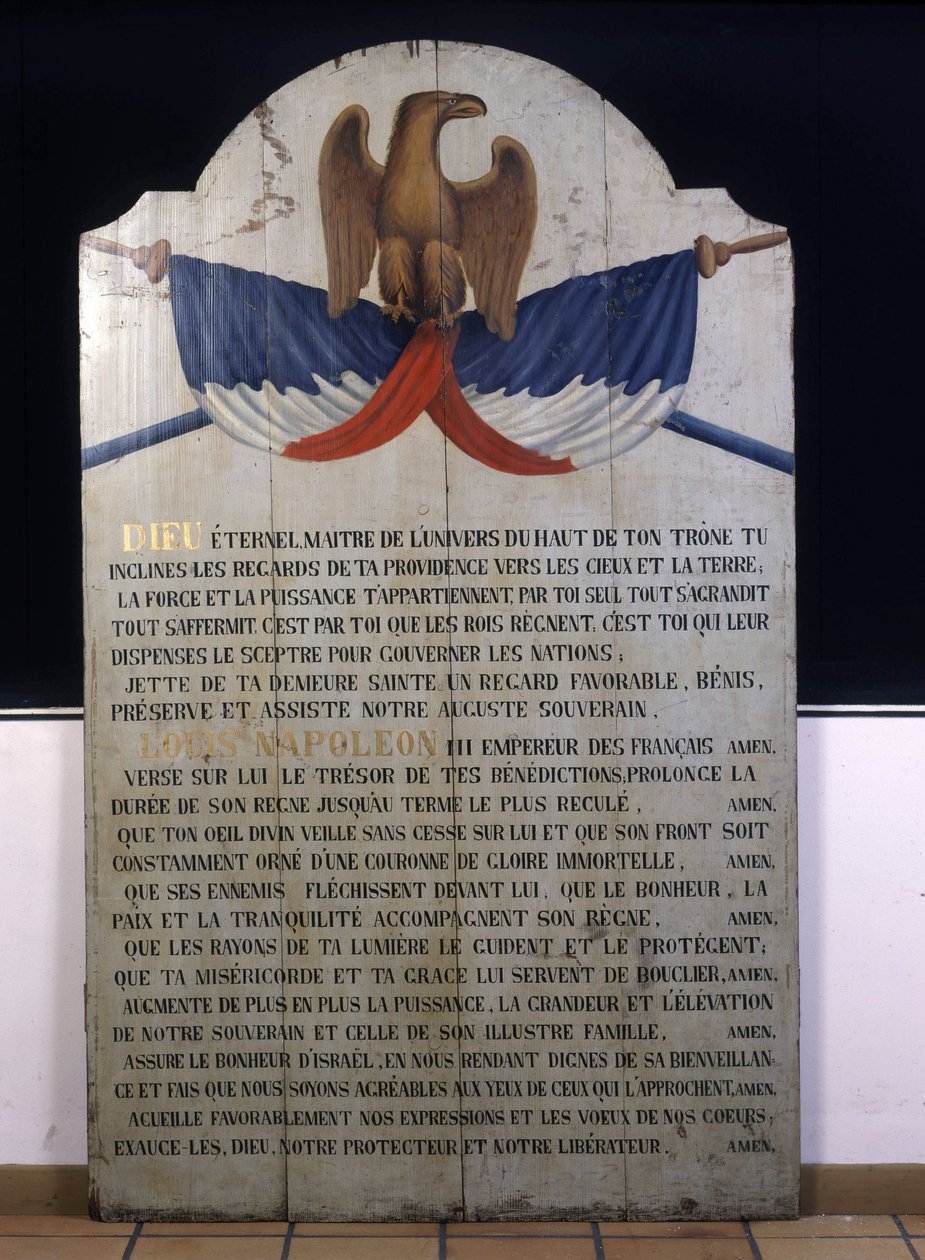 Nápis na dřevě: Židovská modlitba ve francouzštině za císaře Napoleona III. Alsasko 19. století od Jewish School