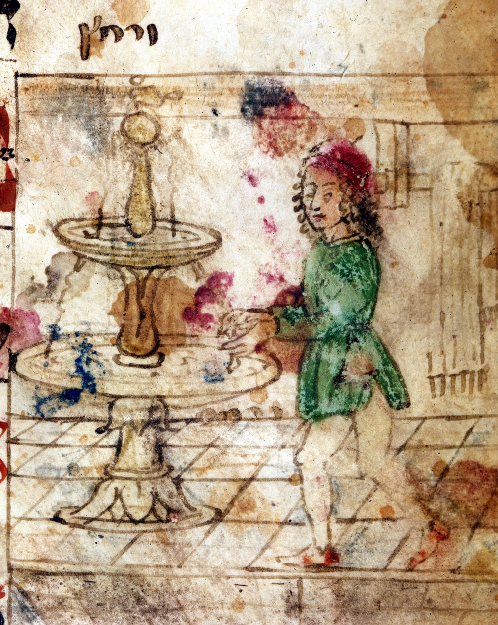 Judaismus: rituální mytí. Miniatura převzata ze stránky Machazor v hebrejštině. 15. století. Biblioteca Palatina, Parma od Jewish School