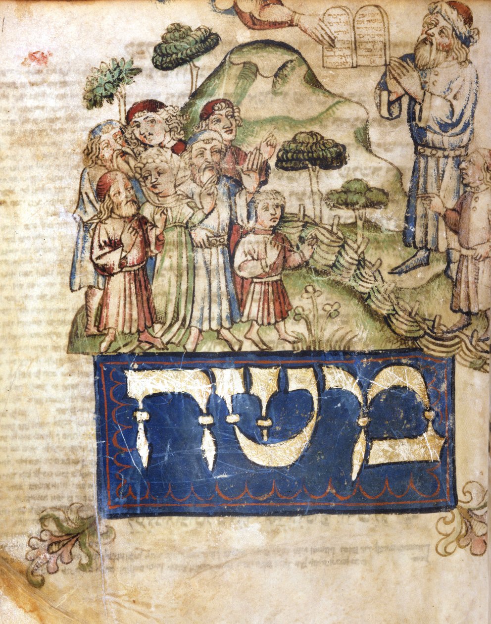 Mojžíš dostává tabulky Zákona (a Mojžíš píše v hebrejštině). Miniatury z hebrejské bible ze 14. století. Hebrejské muzeum od Jewish School