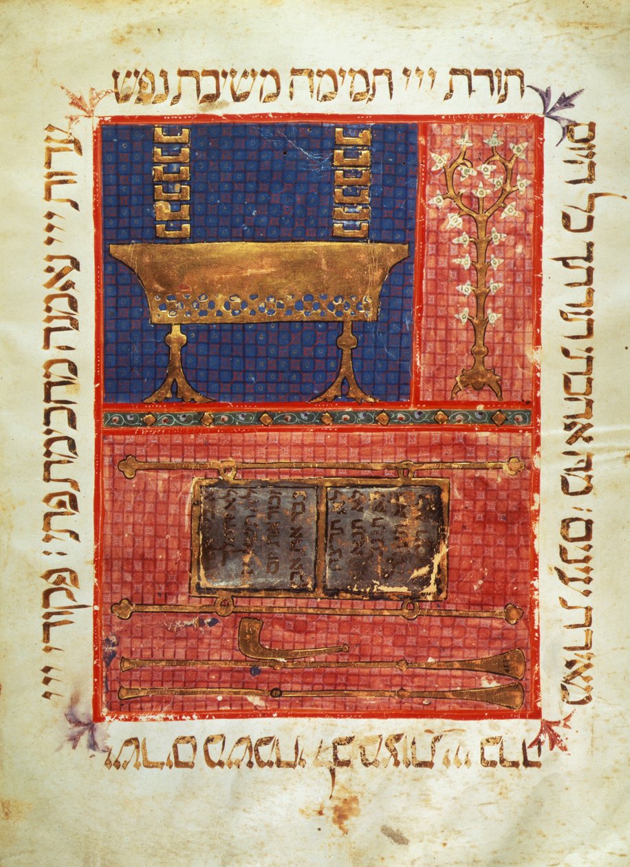 Strana rukopisu hebrejské bible. Předměty uctívání. Iluminace 14. století. od Jewish School